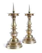 A LARGE PAIR OF BRASS PRICKET CANDLESTICKS GERMAN OR NETHERLANDISH, LATE 16TH CENTURY with a brass