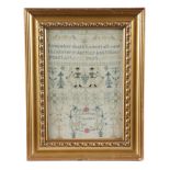 A GEORGE III NEEDLEWORK SAMPLER BY L EBBAGE worked in coloured silks on a linen ground, with an