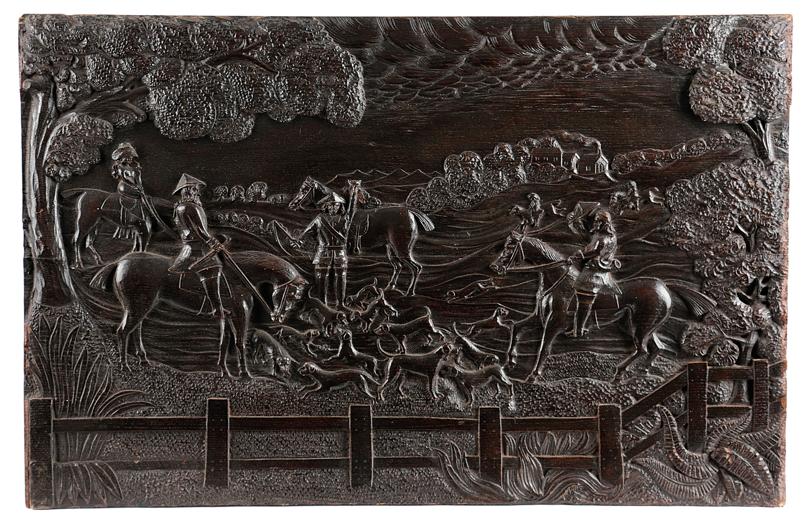 AN OAK RELIEF CARVED FOX HUNTING PANEL 18TH CENTURY depicting six horse and riders, with hound