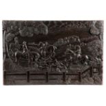 AN OAK RELIEF CARVED FOX HUNTING PANEL 18TH CENTURY depicting six horse and riders, with hound