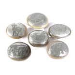 SIX RUNE STONES 20TH CENTURY each applied with a pewter oval panel decorated with animals, a