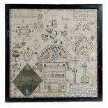 A GEORGE III NEEDLEWORK QUAKER SCHOOL SAMPLER BY MARY TATE worked with coloured silks on a coarse