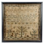 A GEORGE IV NEEDLEWORK SAMPLER BY JANE PARKIN worked with coloured wools on a coarse linen ground,