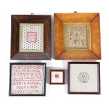 FIVE SMALL NEEDLEWORK SAMPLERS EARLY 19TH CENTURY AND LATER comprising: a miniature sampler with