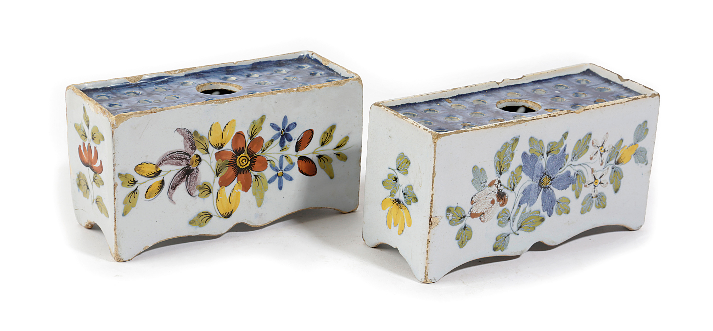 A PAIR OF DELFTWARE POTTERY POLYCHROME FLOWER BRICKS ATTRIBUTED TO LIVERPOOL, C.1760 painted in