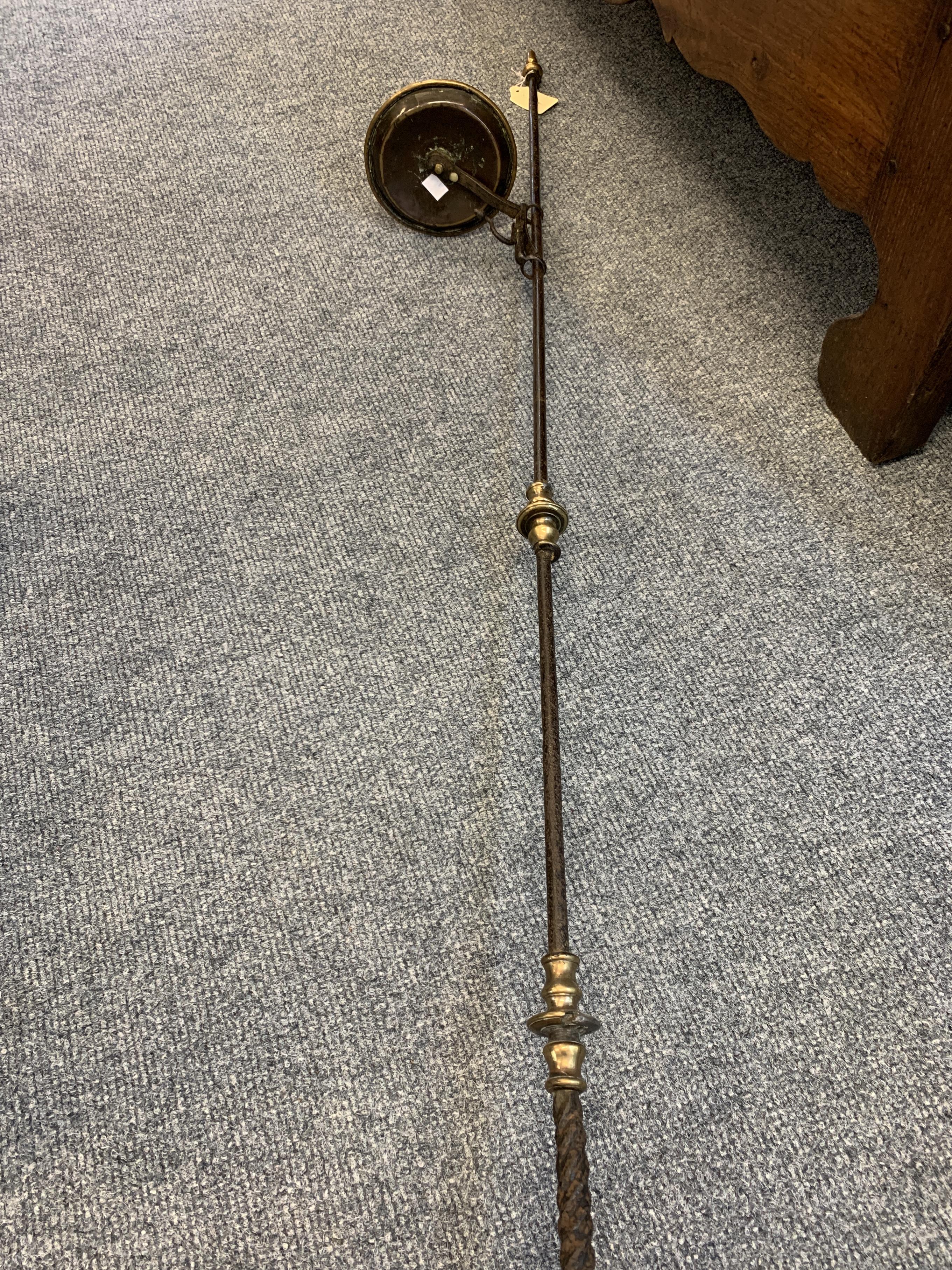 A WROUGHT IRON AND BRASS MOUNTED STANDING CANDLE HOLDER 18TH CENTURY with a turned acorn finial - Image 14 of 15