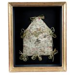 A NEEDLEWORK PURSE OR BAG 18TH CENTURY finely embroidered with coloured silks on an ivory silk