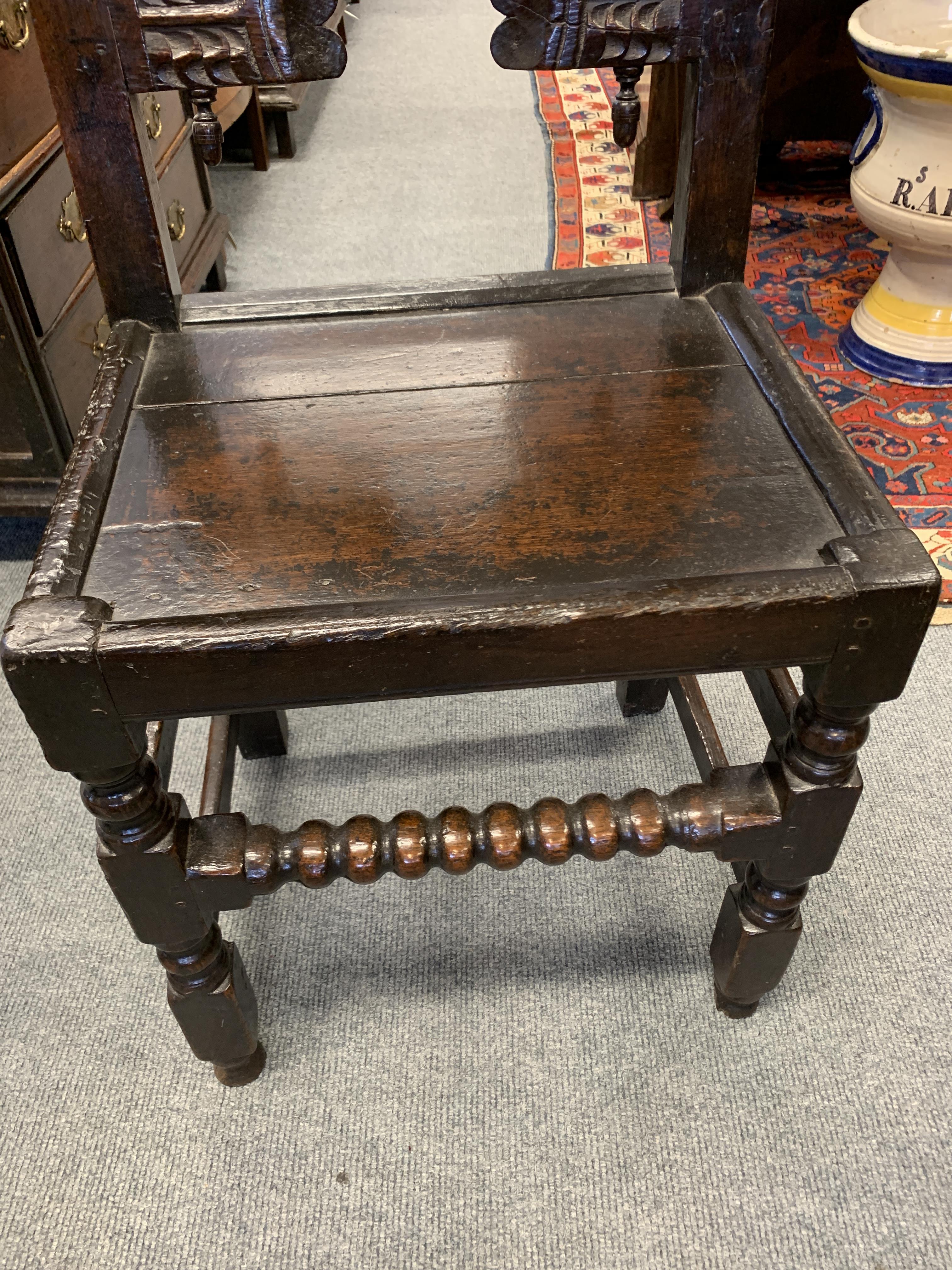 TWO CHARLES II OAK 'YORKSHIRE' CHAIRS C.1670 each with scroll uprights and twin arched backs - Image 9 of 13