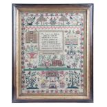 AN EARLY VICTORIAN NEEDLEWORK SAMPLER BY ELIZABETH FRENCH AGED 50 worked with brightly coloured