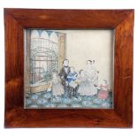 λ A FOLK ART NAIVE WATERCOLOUR PAINTING C.1840-50 depicting a family in an interior setting, with