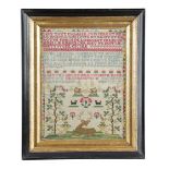 A GEORGE II NEEDLEWORK SAMPLER BY SARAH ARROWSMITH worked with colourful silks on a linen ground,