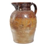 A MASSIVE BROWN STONEWARE SALT GLAZED POTTERY ALE / HARVEST JUG POSSIBLY SCOTTISH, EARLY TO MID-19TH