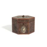 A GEORGE III HEXAGONAL SCROLLWORK TEA CADDY LATE 18TH CENTURY inlaid with barber's pole stringing