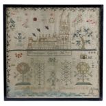 AN EARLY VICTORIAN WELSH NEEDLEWORK SAMPLER BY ELIZABETH ELLIS worked in coloured silks and wools on