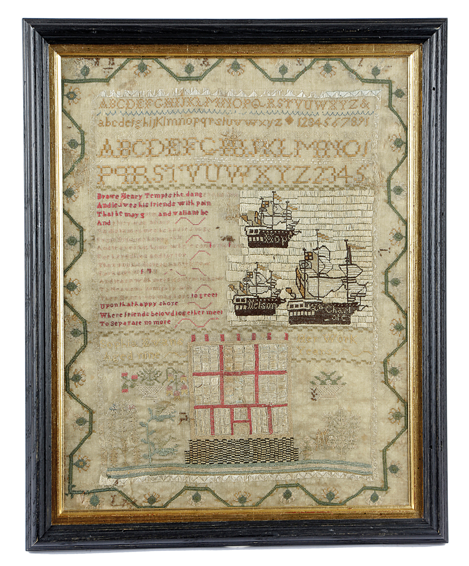 A REGENCY NEEDLEWORK NAVAL SAMPLER C.1815-20 worked with coloured silks on a line ground with