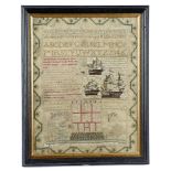 A REGENCY NEEDLEWORK NAVAL SAMPLER C.1815-20 worked with coloured silks on a line ground with