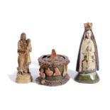 A CARVED AND PAINTED WOOD FIGURE OF THE VIRGIN MARY POSSIBLY SPANISH COLONIAL together with a carved