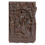 A FLEMISH OAK PANEL LATE 16TH / EARLY 17TH CENTURY naively relief carved with the Judgement of