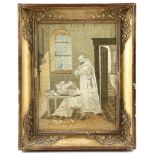 A SILKWORK PICTURE OF TWO FRANCISCAN FRIARS EARLY 19TH CENTURY depicted in an interior setting,