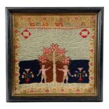 AN EARLY VICTORIAN FOLK ART NEEDLWORK 'ADAM AND EVE' SAMPLER BY ELLEN SADLER, POSSIBLY SCOTTISH