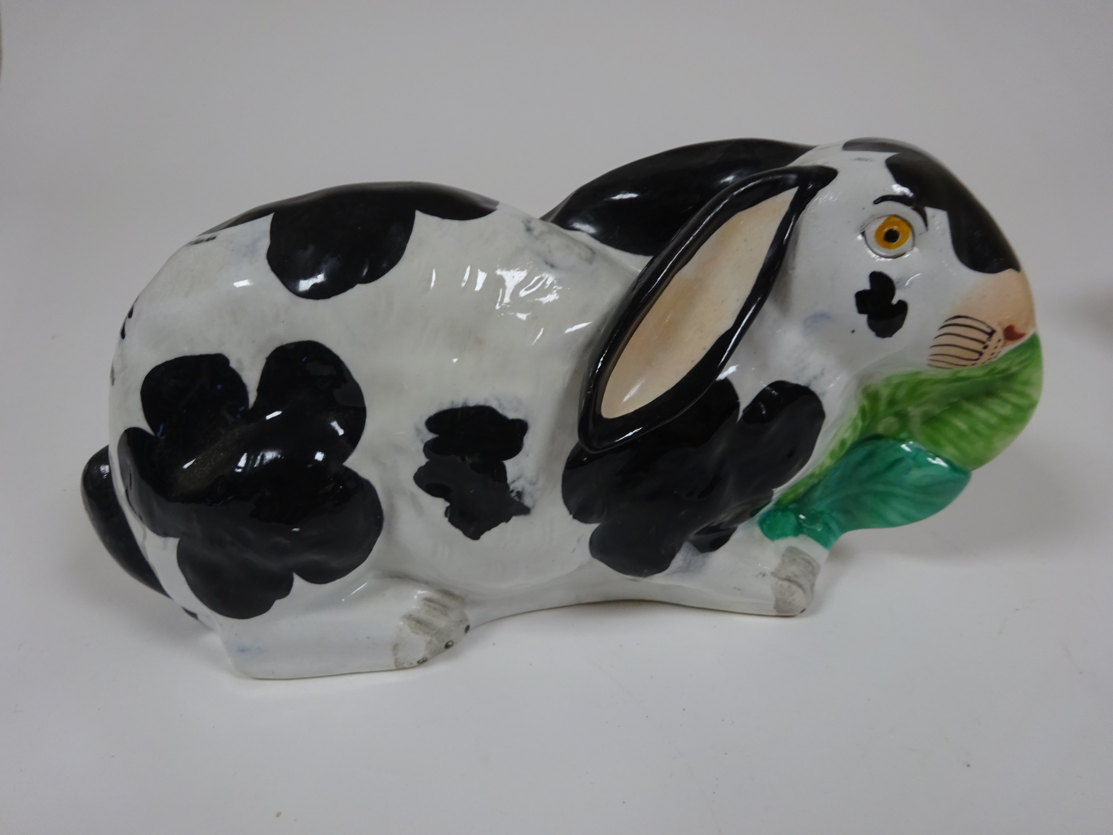 A PAIR OF STAFFORDSHIRE POTTERY MODELS OF RABBITS C.1860 each with black spotted markings and - Image 4 of 18