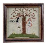 A FOLK ART NEEDLEWORK 'ADAM AND EVE' SAMPLER ANONYMOUS, 19TH CENTURY worked with coloured wools