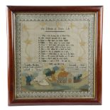 A REGENCY NEEDLEWORK PICTORIAL SAMPLER BY ISABELLA HUNTERS worked with polychrome silk floss on a