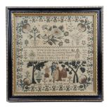 A WILLIAM IV NEEDLEWORK SAMPLER BY HARRIET HADLEY worked with polychrome silks on a canvas ground,