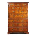 A WALNUT CHEST ON CHEST EARLY 18TH CENTURY AND LATER with three short and six long feather banded