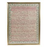 A REGENCY NEEDLEWORK SCHOOL SAMPLER BY JANE BIRKETT worked with pink silk floss on a tammy ground,