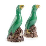 A PAIR OF CHINESE FAMILLE VERTE MODELS OF GREEN PARROTS IN KANGXI STYLE, 19TH CENTURY each perched