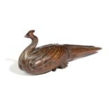 A SWISS TREEN NUTCRACKER LATE 19TH CENTURY in the form of a peacock, with a screw-action 19.2cm long