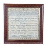 A LATE GEORGE III NEEDLEWORK SAMPLER BY MARTHA FERRIDAY worked with blue silk floss on a linen