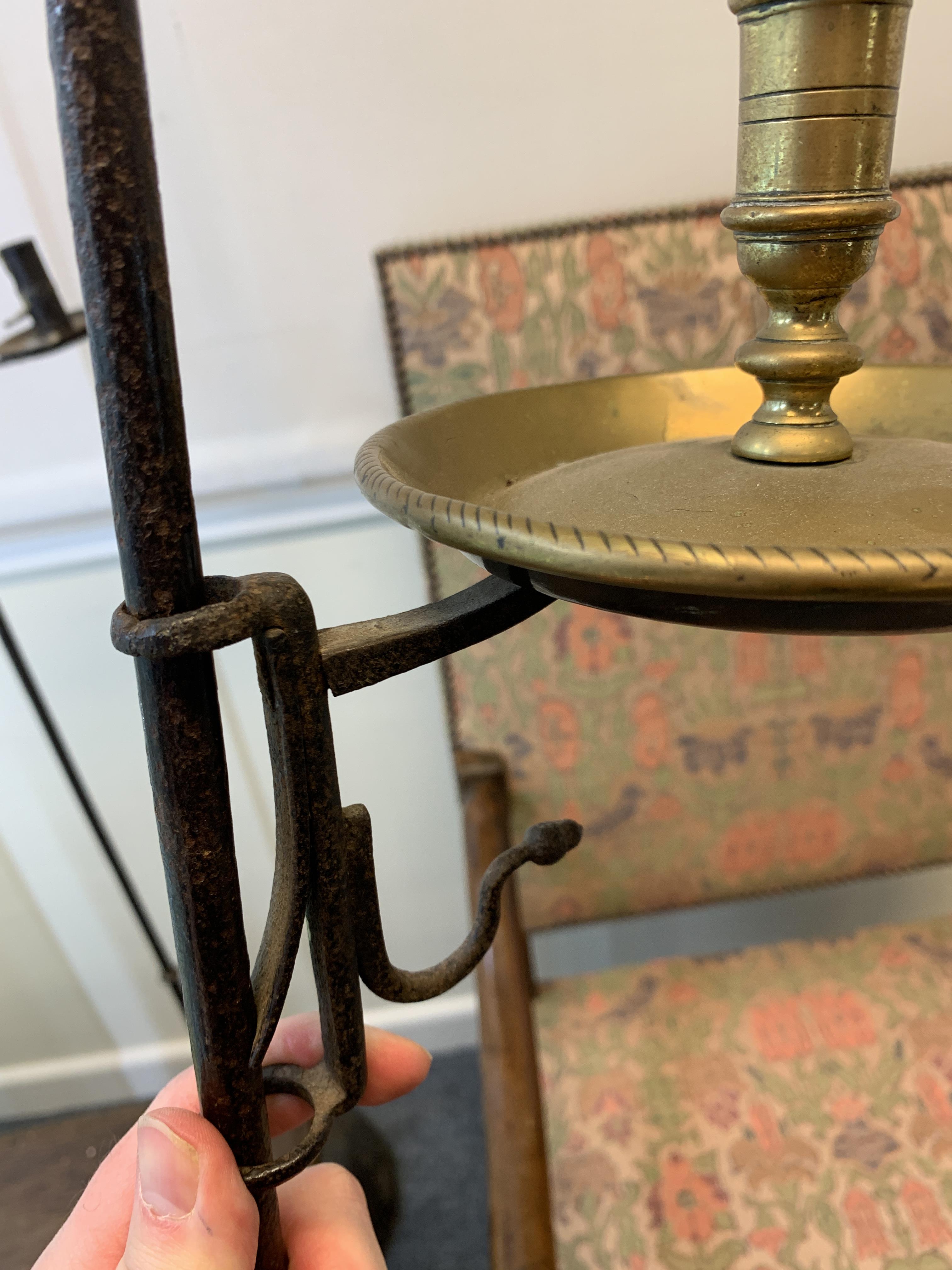 A WROUGHT IRON AND BRASS MOUNTED STANDING CANDLE HOLDER 18TH CENTURY with a turned acorn finial - Image 3 of 15