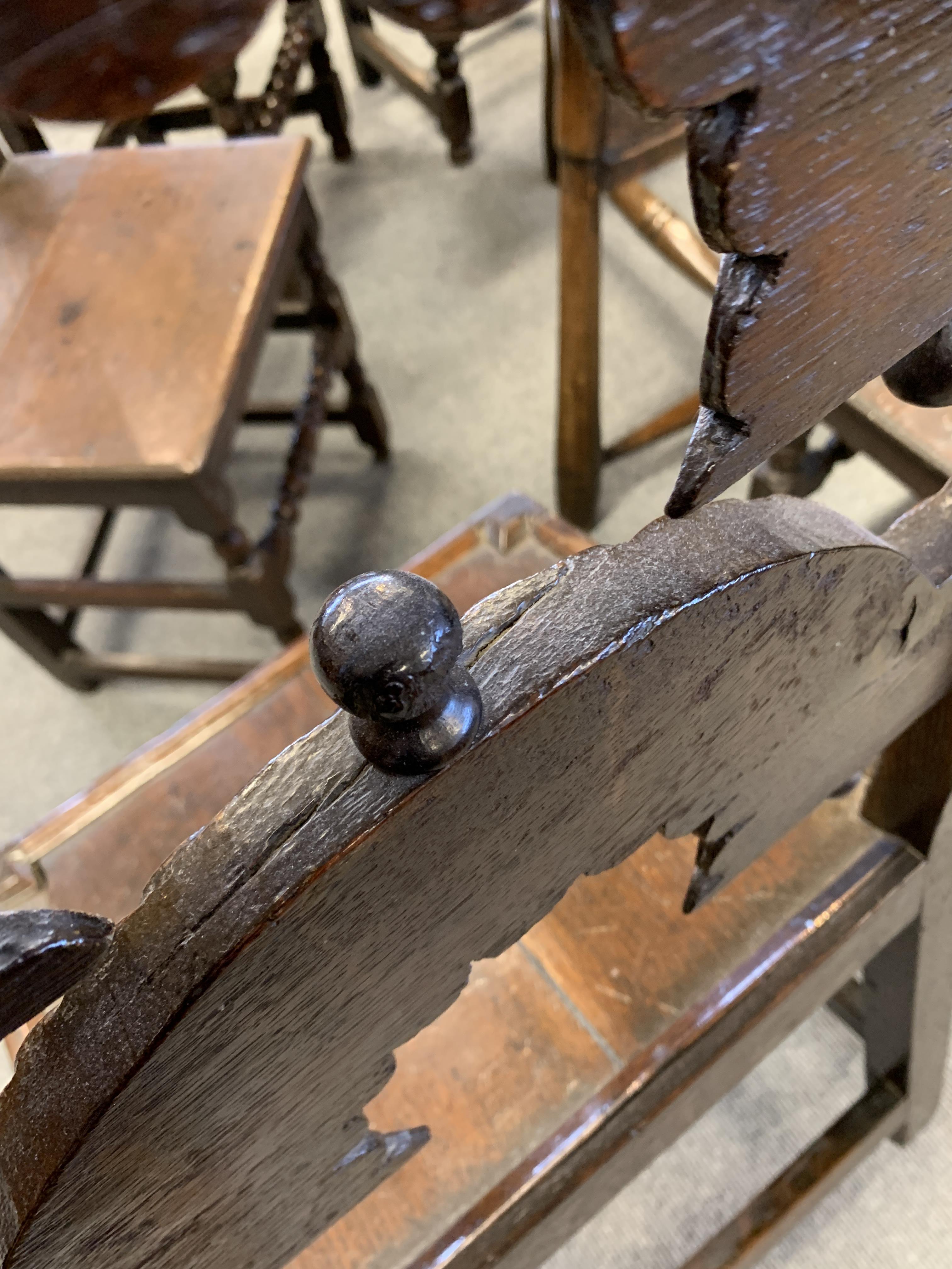 TWO CHARLES II OAK 'YORKSHIRE' CHAIRS C.1670 each with scroll uprights and twin arched backs - Image 6 of 13