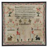 AN EARLY VICTORIAN NEEDLEWORK SAMPLER BY MARY RIDER worked with wool on a linen ground depicting the