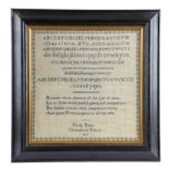 A REGENCY NEEDLEWORK SCHOOL SAMPLER BY EMILY BAKER worked with blue silk floss on linen ground, with