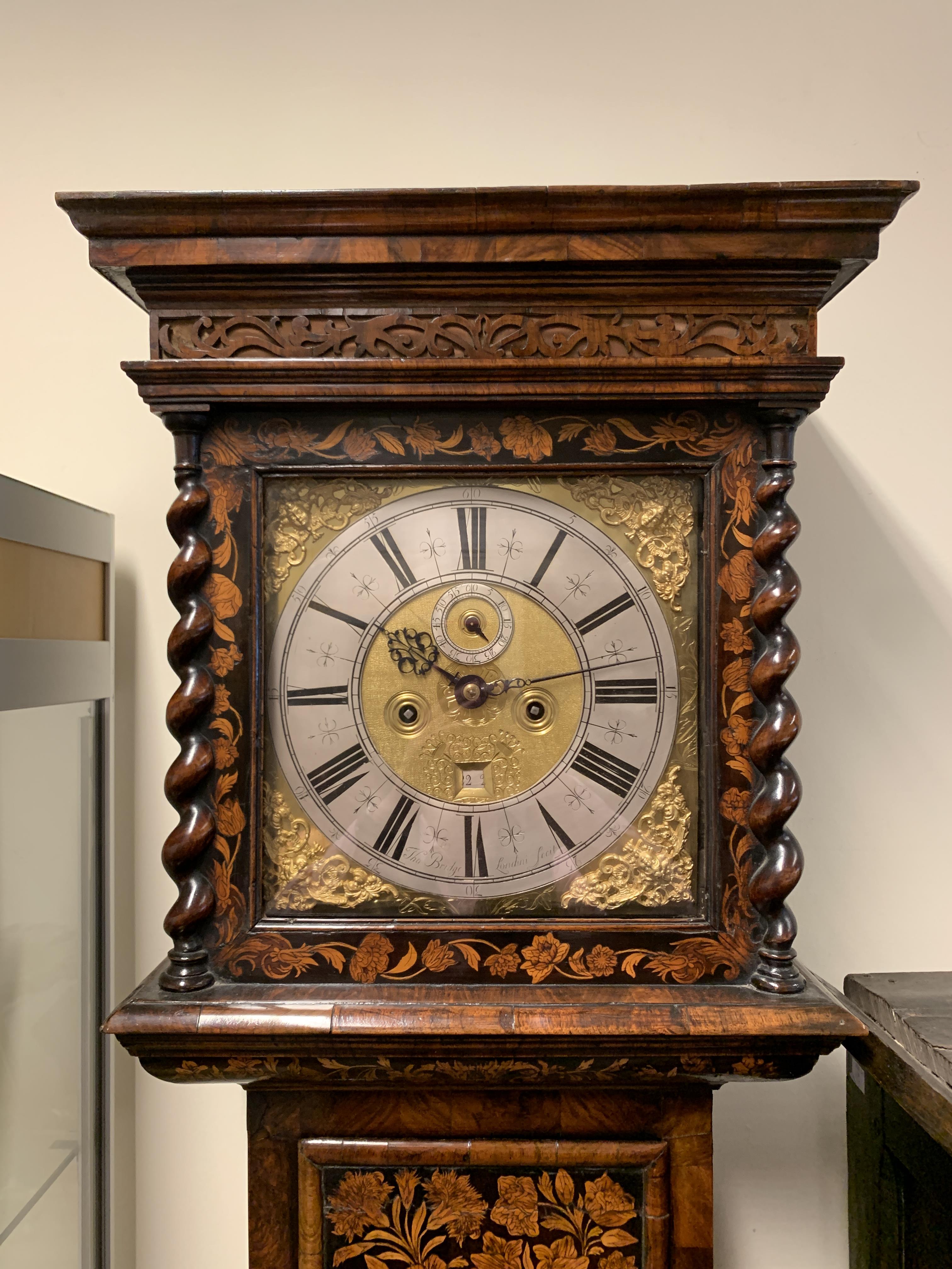 A WILLIAM AND MARY WALNUT AND MARQUETRY LONGCASE CLOCK BY THOMAS BRIDGE LONDON, C.1700 the brass - Image 2 of 30