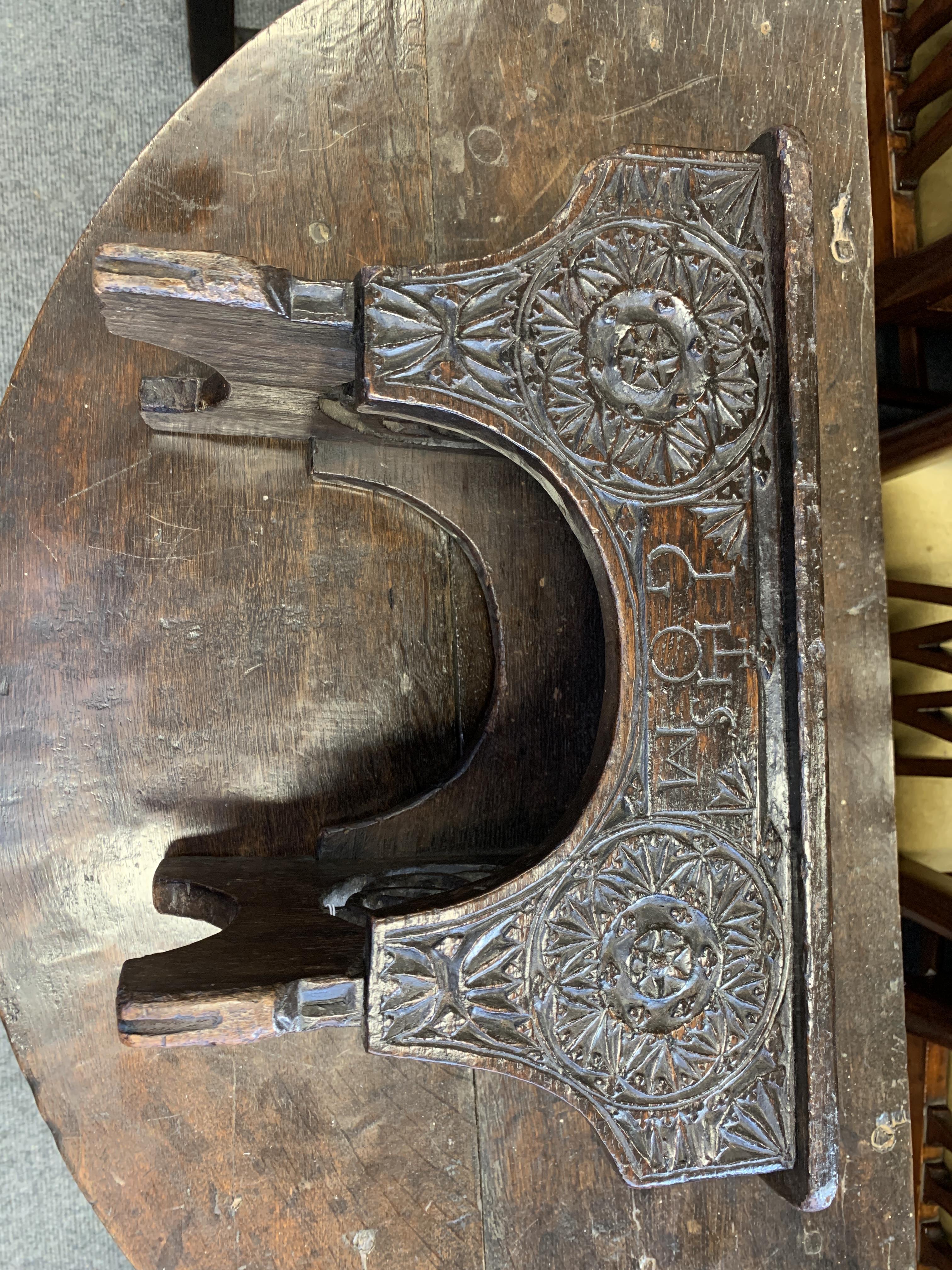 A GEORGE III CHIP CARVED STOOL WELSH, DATED '1778' relief decorated with rondels, the trestle ends - Image 5 of 9