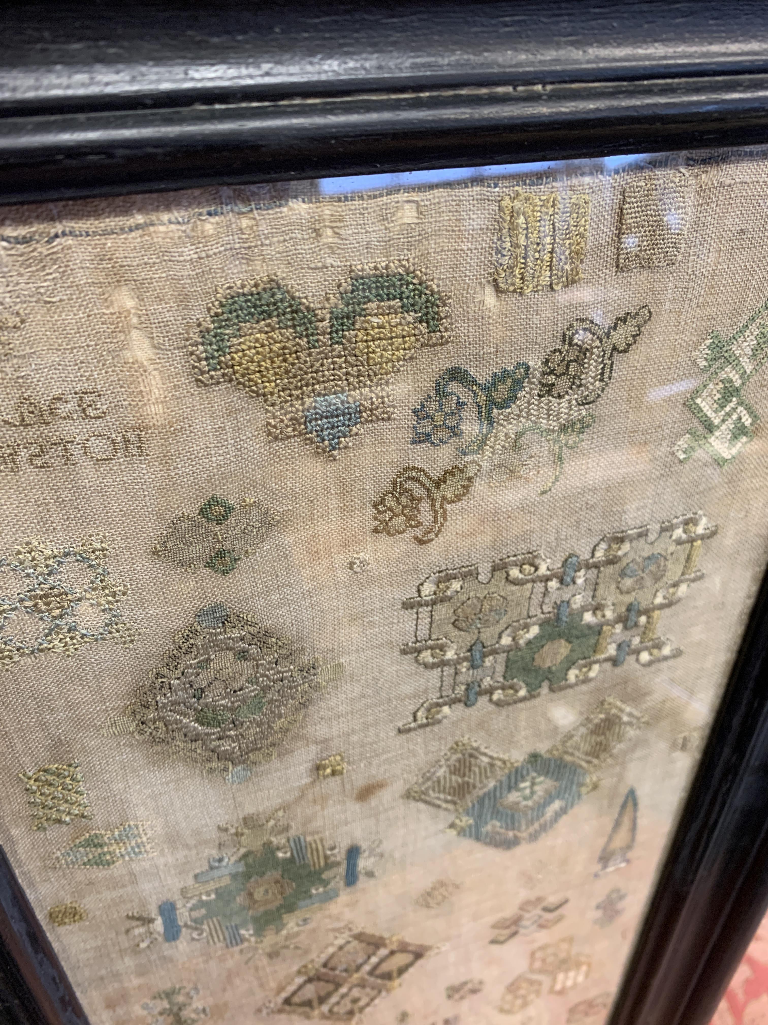 A RARE NEEDLEWORK SPOT SAMPLER BY GRACE THRUSTON, MID-17TH CENTURY worked with polychrome silks on - Image 4 of 15
