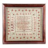 λ A GEORGE IV NORTHERN IRISH NEEDLEWORK SAMPLER BY JANE AGNEW worked with polychrome wool and silk