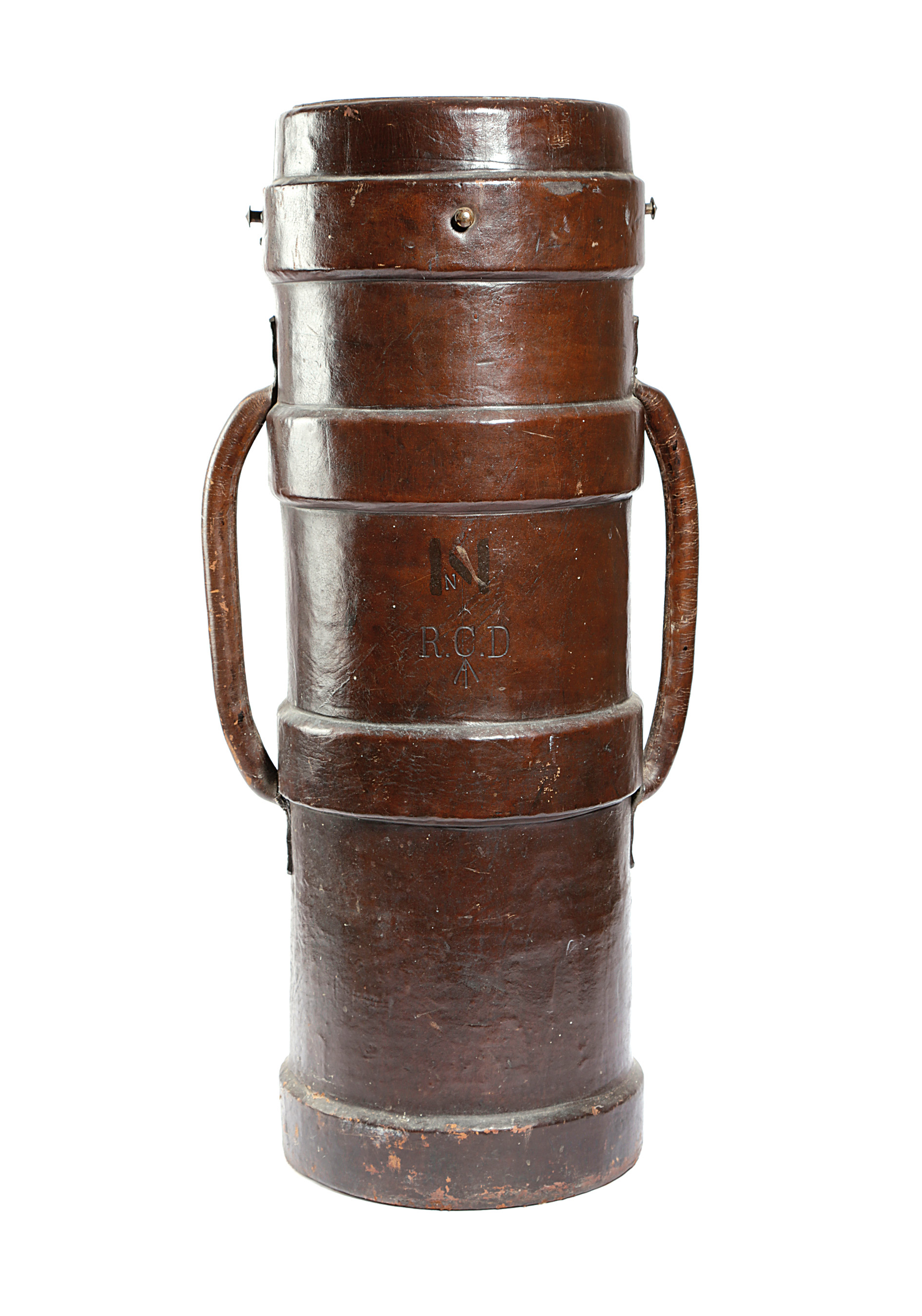 A LEATHER ARTILLERY SHELL STICKSTAND with a pair of lug handles and a metal liner 74.5cm high
