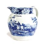 A GEORGE IV PEARLWARE POTTERY JUG DATED '1827 transfer printed in blue with a fox hunting scene,