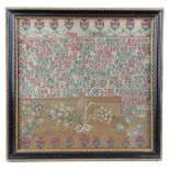 A GEORGE III NEEDLEWORK SAMPLER BY ISOBELLA MARSHAL worked with coloured silks on a part linen