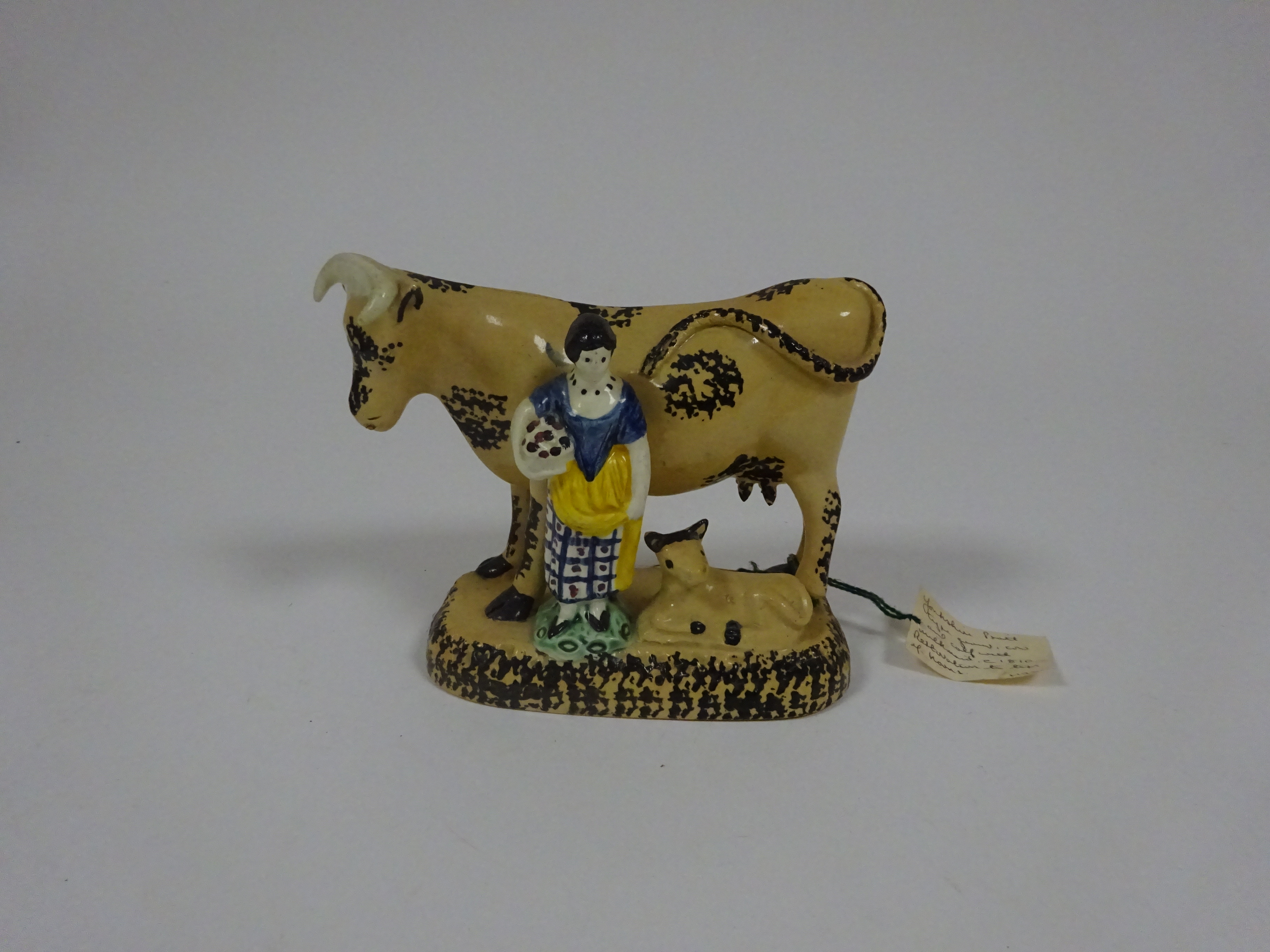 A YORKSHIRE PRATT TYPE POTTERY COW GROUP C.1810 the buff coloured bovine with sponge decoration - Image 2 of 6