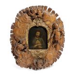GERMAN SCHOOL, 17TH CENTURY CHRIST AS A MAN OF SORROWS oil on copper, in a giltwood and llimewood
