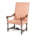 A WALNUT HIGHBACK OPEN ARMCHAIR LATE 17TH / EARLY 18TH CENTURY the padded back and seat later