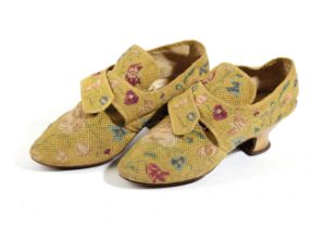 A RARE PAIR OF NEEDLEWORK LADIES' SHOES C.1740 worked with Queen or Rococo stitch, with coloured