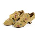 A RARE PAIR OF NEEDLEWORK LADIES' SHOES C.1740 worked with Queen or Rococo stitch, with coloured