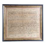 A REGENCY NEEDLEWORK SAMPLER BY RUTH GRAVE worked in cross stitch on a linen ground, with text